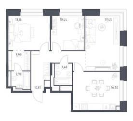 Планировка трехкомнатной(квартира) площадью 78.59 квадратных метров в ЖК “ЖК Верейская 41”