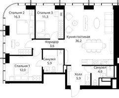 Планировка трехкомнатной(квартира) площадью 95.2 квадратных метров в “ЖК Сити Бэй”