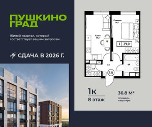 Планировка однокомнатной(квартира) площадью 36.8 квадратных метров в ЖК “ЖК Пушкино Град”
