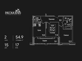 Планировка двухкомнатной(квартира) площадью 54.9 квадратных метров в “ЖК Рассказово”