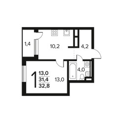 Планировка однокомнатной(квартира) площадью 32.8 квадратных метров в ЖК “Новые Ватутинки. Заречный”