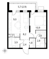 Планировка двухкомнатной(квартира) площадью 44.5 квадратных метров в “ЖК 1-й Саларьевский (Первый Саларьевский)”