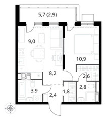Планировка двухкомнатной(квартира) площадью 44.5 квадратных метров в ЖК “ЖК 1-й Саларьевский (Первый Саларьевский)”