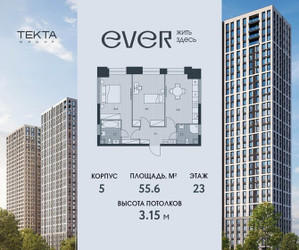 Планировка двухкомнатной(квартира) площадью 55.6 квадратных метров в ЖК “ЖК Ever (Эвер)”