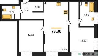 Планировка двухкомнатной(квартира) площадью 73.3 квадратных метров в “ЖК STONE Rise (Райз)”