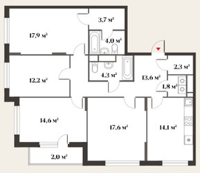 Планировка 4+ комнатной(квартира) площадью 108.1 квадратных метров в ЖК “Миниполис 8 кленов”