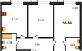 Планировка двухкомнатной(квартира) площадью 58.85 квадратных метров в ЖК “ЖК Бархат”