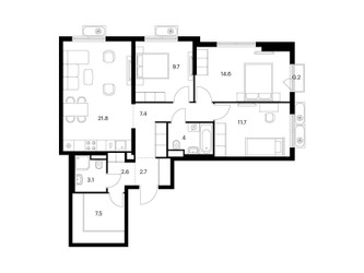 Планировка трехкомнатной(квартира) площадью 85.3 квадратных метров в ЖК “ЖК Яуза Парк (Мытищи)”