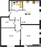 Планировка двухкомнатной(квартира) площадью 66.41 квадратных метров в “ЖК Остафьево”