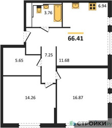 Планировка двухкомнатной(квартира) площадью 66.41 квадратных метров в ЖК “ЖК Остафьево”