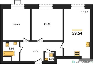 Планировка двухкомнатной(квартира) площадью 59.54 квадратных метров в ЖК “ЖК Мечта”