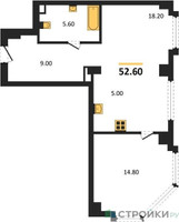 Планировка однокомнатной(квартира) площадью 52.6 квадратных метров в “ЖК АУРА”