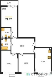Планировка трехкомнатной(квартира) площадью 74.7 квадратных метров в ЖК “Деснаречье”