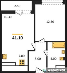 Планировка однокомнатной(квартира) площадью 41.1 квадратных метров в ЖК “ЖК Дзен-кварталы”