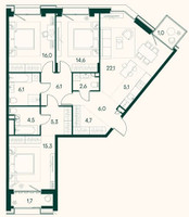 Планировка трехкомнатной(квартира) площадью 111 квадратных метров в “ЖК Клубный город на реке Primavera (Примавера)”