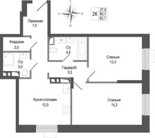 Планировка двухкомнатной(квартира) площадью 60.1 квадратных метров в “ЖК КИНОКВАРТАЛ”