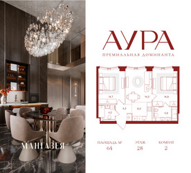 Планировка двухкомнатной(квартира) площадью 64 квадратных метров в ЖК “ЖК АУРА”
