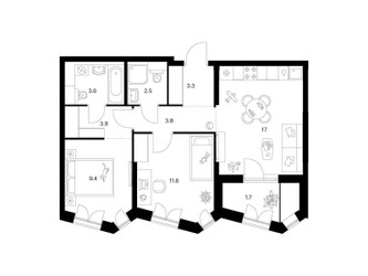 Планировка двухкомнатной(квартира) площадью 56.8 квадратных метров в ЖК “ЖК Мичуринский Парк”