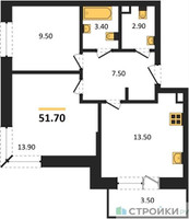 Планировка двухкомнатной(квартира) площадью 52.2 квадратных метров в “ЖК Одинцовские кварталы”