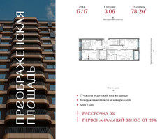 Планировка трехкомнатной(квартира) площадью 78.2 квадратных метров в “ЖК Преображенская Площадь”