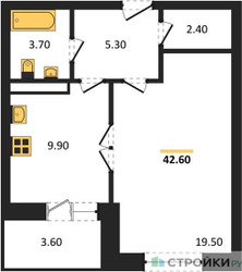 Планировка однокомнатной(квартира) площадью 43.7 квадратных метров в ЖК “ЖК Три квартала”