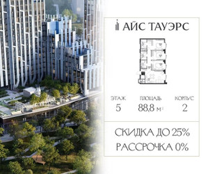 Планировка трехкомнатной(квартира) площадью 88.8 квадратных метров в ЖК “ЖК Айс Тауэрс”