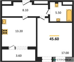 Планировка однокомнатной(квартира) площадью 45.6 квадратных метров в “ЖК Sydney City (Сидней Сити)”