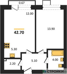 Планировка однокомнатной(квартира) площадью 42.7 квадратных метров в ЖК “ЖК Skolkovo ONE (Сколково Уан)”