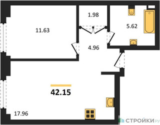 Планировка однокомнатной(квартира) площадью 42.15 квадратных метров в ЖК “ЖК Гранд Фили”