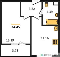 Планировка однокомнатной(квартира) площадью 34.45 квадратных метров в “Жилые кварталы Новое Пушкино”