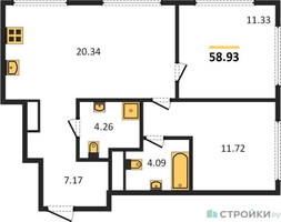Планировка двухкомнатной(квартира) площадью 58.8 квадратных метров в “ЖК 1-й Нагатинский (Первый Нагатинский)”