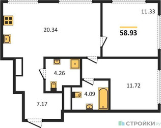 Планировка двухкомнатной(квартира) площадью 58.8 квадратных метров в “ЖК 1-й Нагатинский (Первый Нагатинский)”