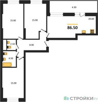 Планировка трехкомнатной(квартира) площадью 86.5 квадратных метров в “ЖК Рассказово”