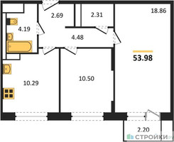 Планировка двухкомнатной(квартира) площадью 53.98 квадратных метров в “ЖК Прибрежный Парк”