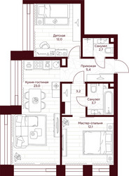 Планировка двухкомнатной(квартира) площадью 62.1 квадратных метров в ЖК “ЖК Дом 7 Даниловский”