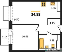 Планировка однокомнатной(квартира) площадью 34.88 квадратных метров в “ЖК Томилино Парк”