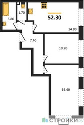 Планировка двухкомнатной(квартира) площадью 52.3 квадратных метров в ЖК “ЖК Лучи-2”