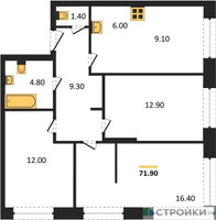 Планировка трехкомнатной(квартира) площадью 71.9 квадратных метров в “ЖК Skolkovo ONE (Сколково Уан)”