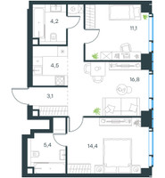 Планировка трехкомнатной(квартира) площадью 59.5 квадратных метров в “ЖК Level Мичуринский”
