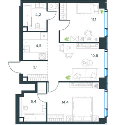 Планировка трехкомнатной(квартира) площадью 59.5 квадратных метров в ЖК “ЖК Level Мичуринский”