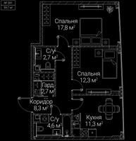 Планировка двухкомнатной(квартира) площадью 59.7 квадратных метров в “ЖК СЕЗАР БУДУЩЕЕ”