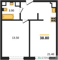 Планировка однокомнатной(квартира) площадью 38.8 квадратных метров в “ЖК Восточный”