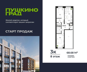 Планировка трехкомнатной(квартира) площадью 68.68 квадратных метров в ЖК “ЖК Пушкино Град”