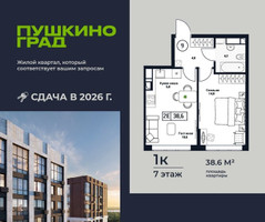 Планировка однокомнатной(квартира) площадью 38.6 квадратных метров в “ЖК Пушкино Град”