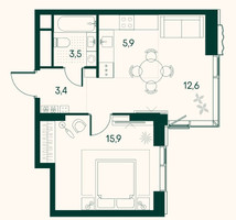 Планировка однокомнатной(квартира) площадью 41.6 квадратных метров в “ЖК Клубный город на реке Primavera (Примавера)”