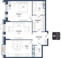 Планировка двухкомнатной(квартира) площадью 66.8 квадратных метров в “ЖК КИНОКВАРТАЛ”