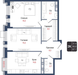 Планировка двухкомнатной(квартира) площадью 66.8 квадратных метров в ЖК “ЖК КИНОКВАРТАЛ”
