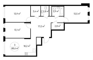 Планировка трехкомнатной(квартира) площадью 88.6 квадратных метров в “ЖК Переделкино Ближнее”