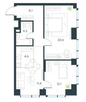 Планировка трехкомнатной(квартира) площадью 61 квадратных метров в “Level Павелецкая Сити”