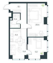 Планировка трехкомнатной(квартира) площадью 61 квадратных метров в ЖК “Level Павелецкая Сити”